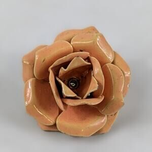 Vintage Enamel Brooch Peach Rose Flower Pin Gold Tone Metal Mid Century Retro